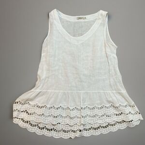 Valentina Naldi White Linen Top Made in‎ Italy Sleeveless Peplum Eyelet Medium